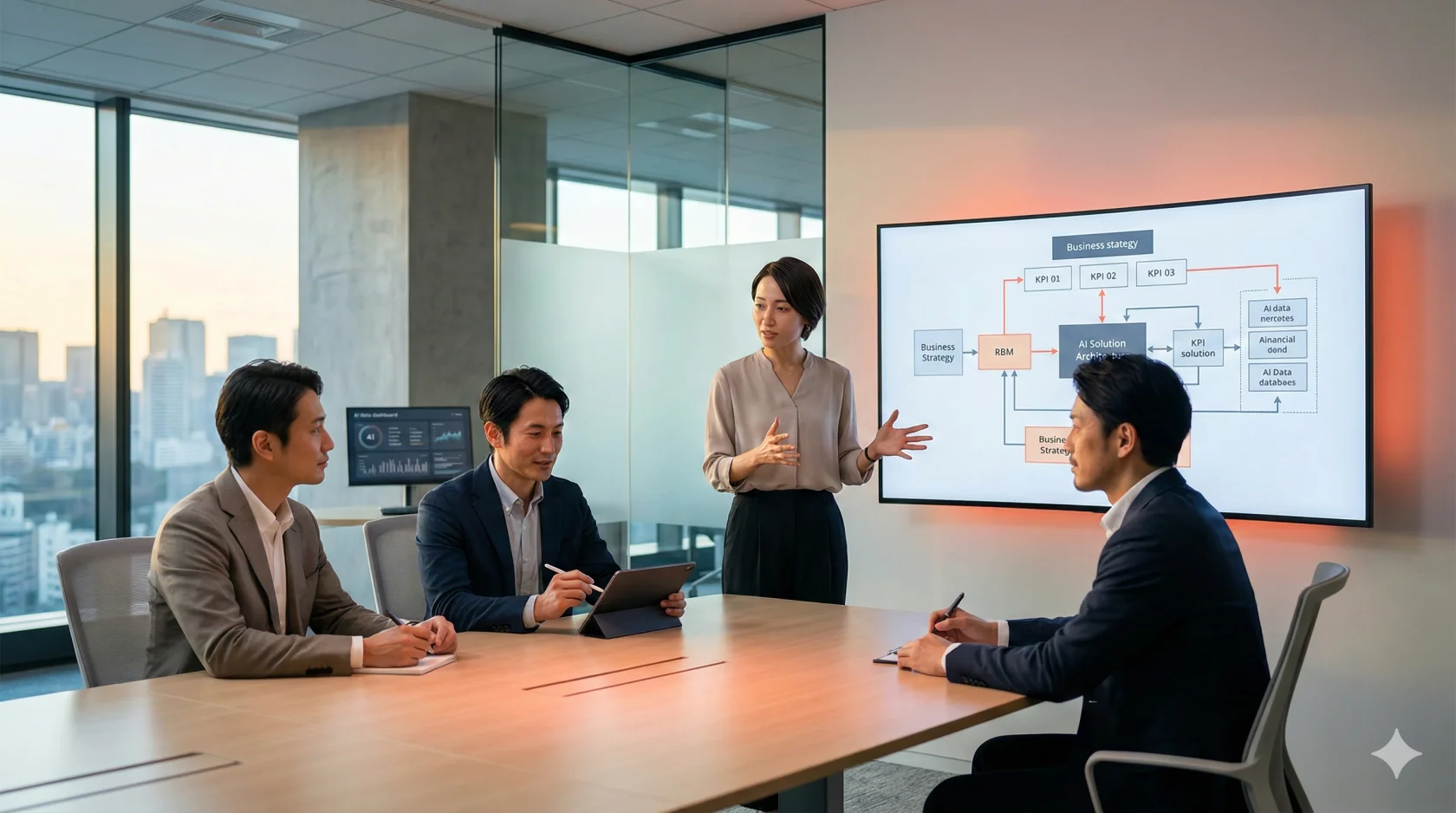 会議室でフロー図を使ってプレゼンテーションを行うビジネスパーソン。企業向けAIソリューションのイメージ。