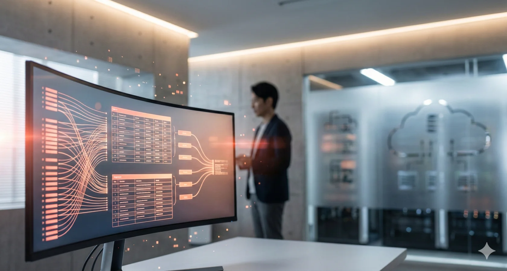 データ分析画面が表示されたモニターの前に立つ人物。データの可視化と分析のイメージ。