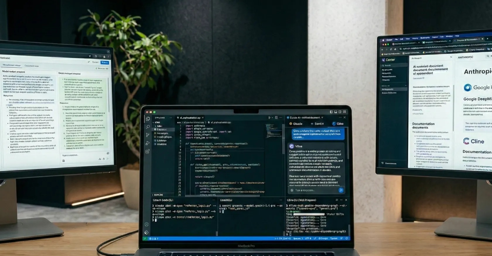マルチモニター環境でコードとAIツールを操作するR&D開発環境。最先端技術の研究開発を象徴するイメージ。