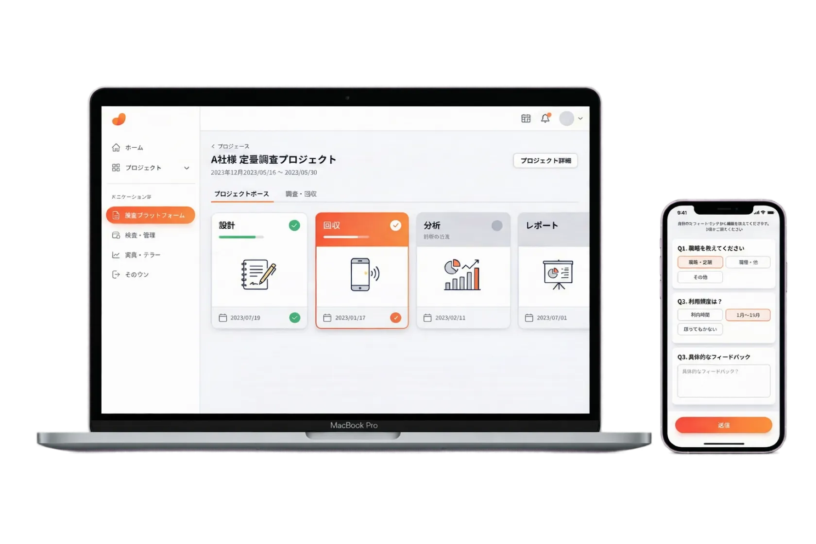 AI統合定量調査プロジェクトの管理画面。募集・設計・分析・レポートの各フェーズとスケジュールが表示されている。